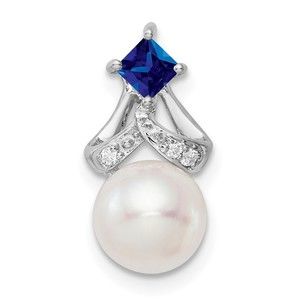 14k White Gold FWC Pearl Blue Sapphire & Diamond Necklace Chain Slide Pendant